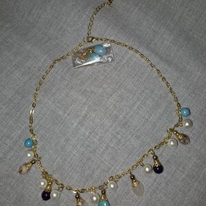 Elegant Gold Necklace And Earring Set with Pearl And Turquoise Accents